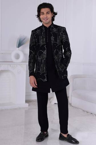Black velet embroidered indo western for mens