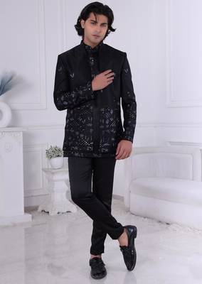 Black silk embroidered indo western for mens 1