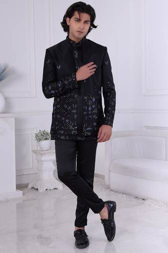 Black silk embroidered indo western for mens