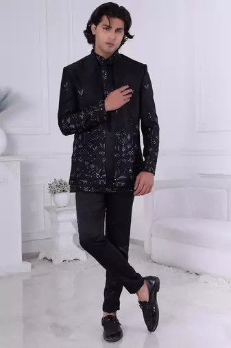Black silk embroidered indo western for mens