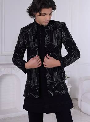 Black velet embroidered indo western for mens 2
