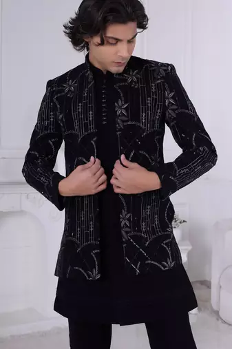 Black velet embroidered indo western for mens