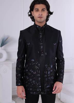 Black silk embroidered indo western for mens 2