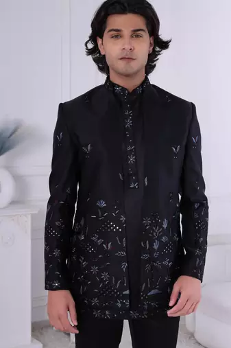 Black silk embroidered indo western for mens