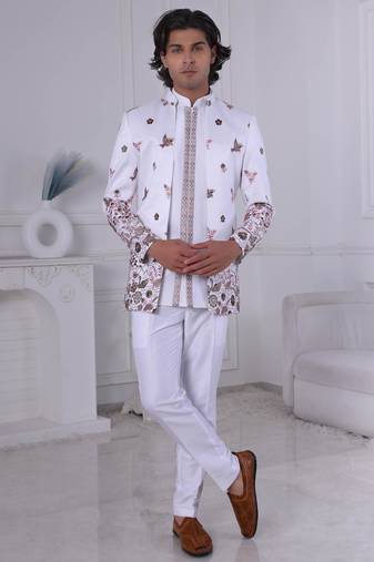 White silk embroidered indo western for mens