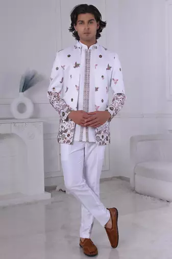 White silk embroidered indo western for mens