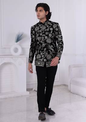 Black velvet embroidered bandhgala for mens 1