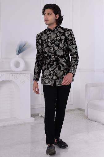 Black velvet embroidered bandhgala for mens