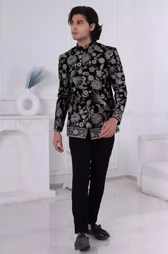 Black velvet embroidered bandhgala for mens