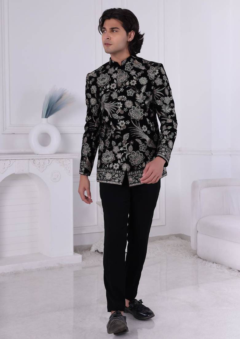 Black velvet embroidered bandhgala for mens