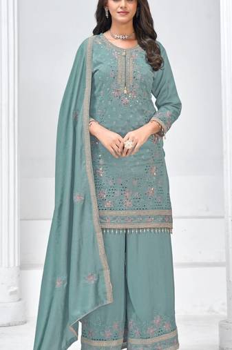 Light blue silk semi stitched wedding suits