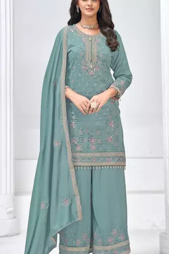 Light blue silk semi stitched wedding suits