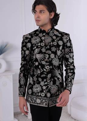 Black velvet embroidered bandhgala for mens 2