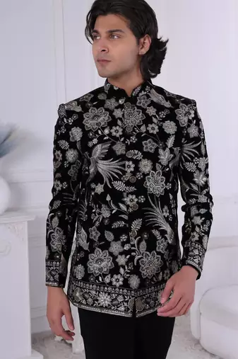 Black velvet embroidered bandhgala for mens