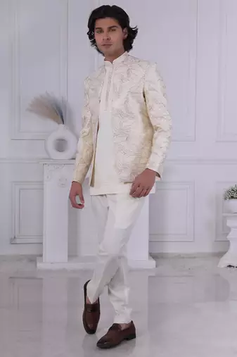 Cream silk embroidered indo western for mens