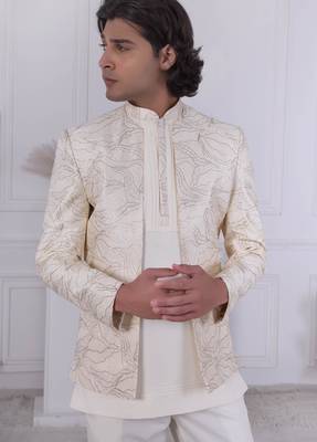 Cream silk embroidered indo western for mens 2