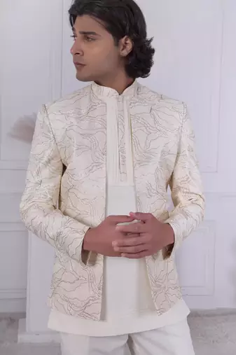 Cream silk embroidered indo western for mens