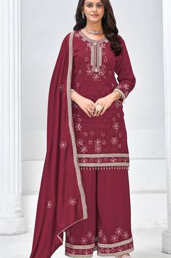 Maroon silk semi stitched wedding suits