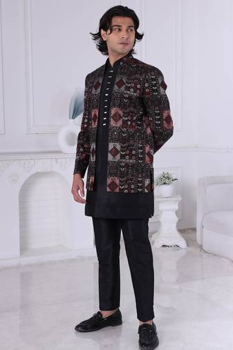 Black silk embroidered indo western for mens