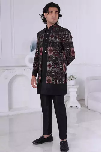 Black silk embroidered indo western for mens