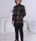 Black silk embroidered indo western for mens