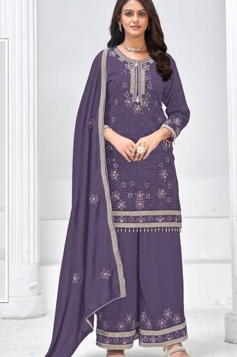 Dark purple silk semi stitched wedding suits