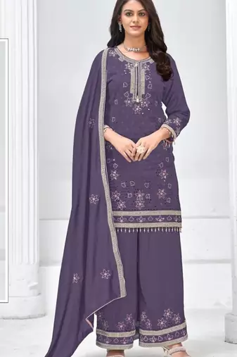 Dark purple silk semi stitched wedding suits