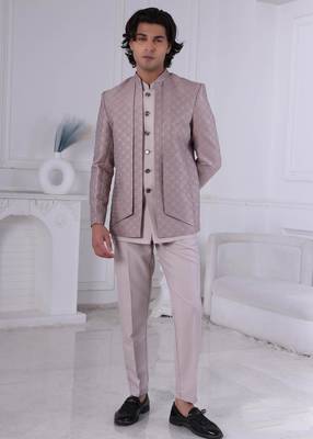Brown jacquard embroidered indo western for mens 1