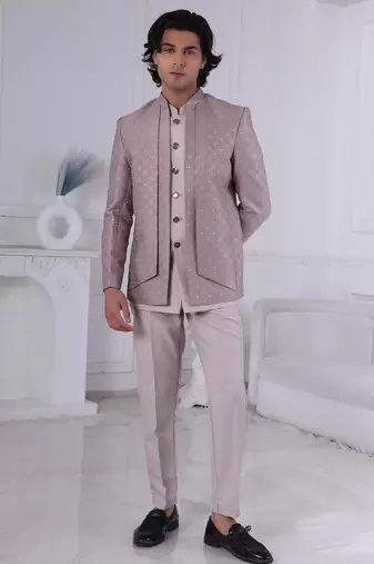 Brown jacquard embroidered indo western for mens