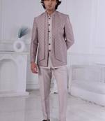 Brown jacquard embroidered indo western for mens