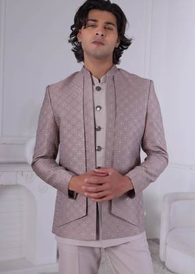 Brown jacquard embroidered indo western for mens 2