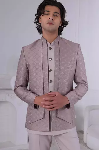 Brown jacquard embroidered indo western for mens