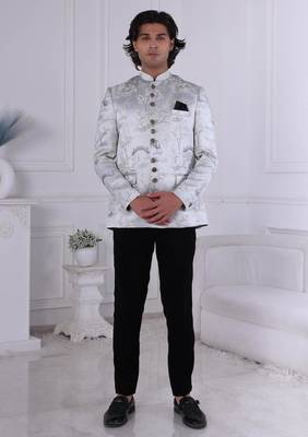Grey jacquard embroidered bandhgala for mens 1