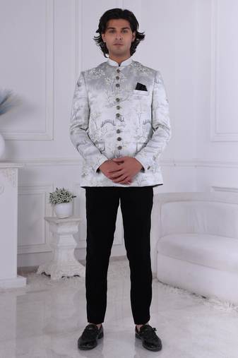 Grey jacquard embroidered bandhgala for mens
