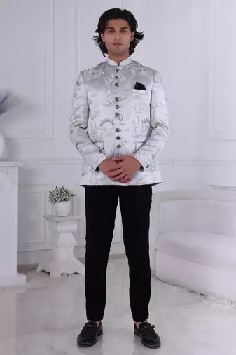 Grey jacquard embroidered bandhgala for mens
