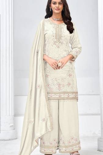 White silk semi stitched wedding suits