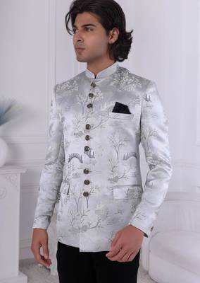 Grey jacquard embroidered bandhgala for mens 2
