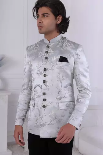 Grey jacquard embroidered bandhgala for mens