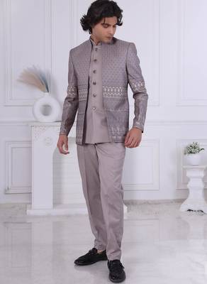 Brown silk embroidered indo western for mens 1