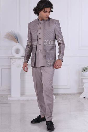 Brown silk embroidered indo western for mens