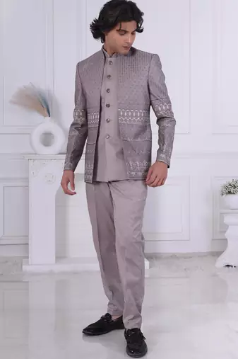 Brown silk embroidered indo western for mens