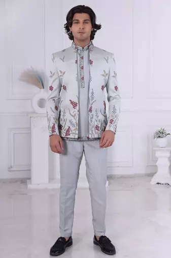 Blue silk embroidered indo western for mens