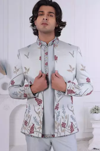 Blue silk embroidered indo western for mens