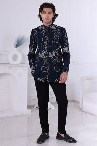 Blue silk embroidered bandhgala for mens