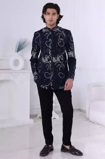 Blue silk embroidered bandhgala for mens