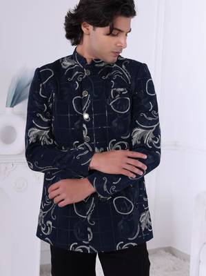 Blue silk embroidered bandhgala for mens 2