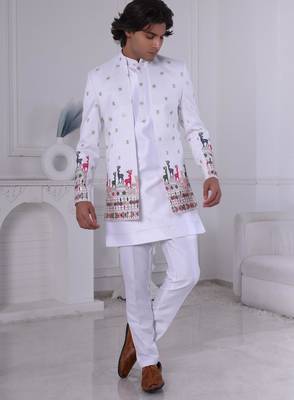 White silk embroidered indo western for mens 1