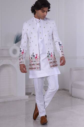 White silk embroidered indo western for mens