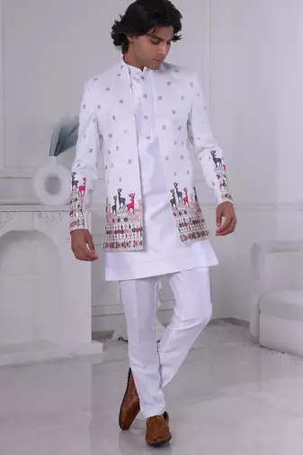 White silk embroidered indo western for mens