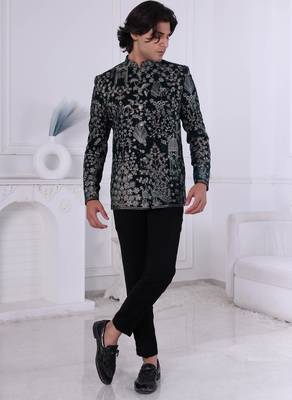 Black velvet embroidered bandhgala for mens 1